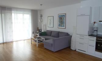 A bright and modern living room with a gray sofa and a large window. The walls are decorated with pictures and the floor is made of wood.