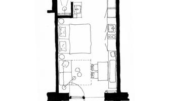 A technical drawing of an apartment with an area of 33 m². The floor plan shows various rooms such as a living room, kitchen, and bathroom.