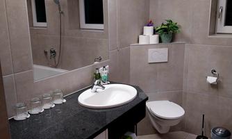 A modern bathroom with gray tiles and a washbasin. On the shelf, skincare products and plants are decorated.