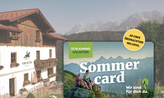 A picturesque mountain hut amidst beautiful mountains. In the foreground is the summer card with the text "We are here for you."