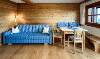 A cozy living room with a blue sofa and a wooden table.  
The walls are made of wood, and there is plenty of natural light through the window.