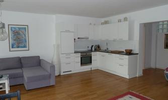 A modern kitchen with a gray sofa and light walls. The floor is made of wood and there is a rug in the room.