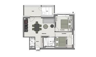 A floor plan drawing of an apartment with an open living area, two bedrooms, and a bathroom. The design features a modern arrangement of furniture and rooms.