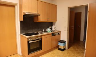 A modern kitchen with wooden cabinets and stainless steel appliances. In the background, a door and a trash can can be seen.
