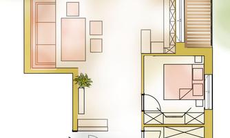 A floor plan of an apartment with two bedrooms, a living room, and a bathroom. The plan also shows a terrace and some planting areas.