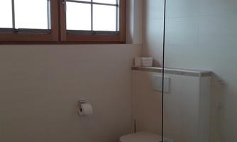 A modern bathroom with a shower and a toilet. Large windows provide plenty of natural light.