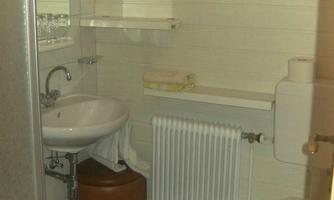 A small bathroom with a shower, sink, and toilet. There is a towel rack and a radiator on the wall.