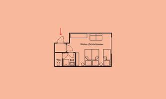 A simple floor plan sketch of an apartment. It shows various rooms such as the living room, the bathroom, and the toilet.
