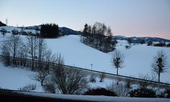 A snowy landscape with gentle hills and bare trees. The sky has a soft gradient at twilight.
