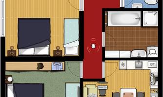 A floor plan of an apartment with different areas. There are several bedrooms, a bathroom, and a living room with a kitchen.