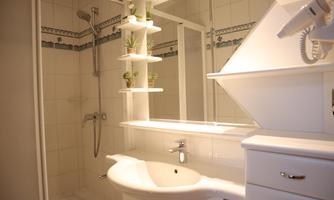A modern bathroom with a shower and a sink. There are bright tiles and plants on shelves for a fresh atmosphere.