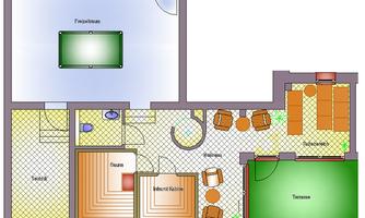 A floor plan of an apartment with various rooms, including a living room, a bedroom, and a terrace. The rooms are simply and clearly arranged.