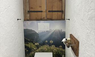 Toilet next to the bathroom.