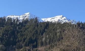 An impressive mountain panorama with snow-capped peaks and green forests. The clear blue sky complements the beautiful landscape.