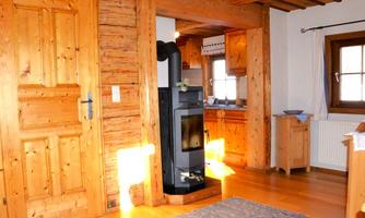 A cozy room with wooden walls and an open fireplace. The kitchen is well-equipped and flooded with plenty of natural light.