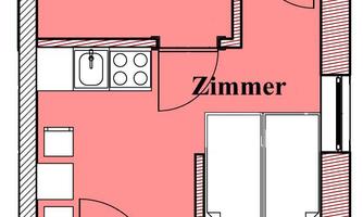 A floor plan with a bathroom and toilet, as well as a living area. The kitchen is arranged next to the room, and the furniture is drawn in.