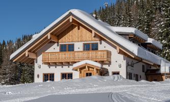 A traditional chalet in winter, surrounded by snow and fir trees. The clear sky radiates above the cozy house.