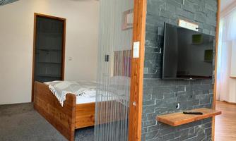 A modern bedroom with a wooden bed and a wall-mounted television. The room is well-lit by a transparent partition wall and a window.
