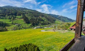 A picturesque landscape with green meadows and gentle hills. In the background, trees and a blue sky are visible.