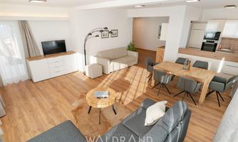 A modern kitchen-living area with elegant furniture and a bright, inviting space. The floor is made of wood, and there is a large window that lets in plenty of light.