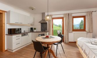 The kitchen and one of the two beds are located in a shared room. From there, you can access the spacious balcony, with a view of the Dachstein and the surrounding mountains. In winter, you also have a direct view of the ski slope, which runs right past the Trinker country house, allowing you to ski directly from the house and back.