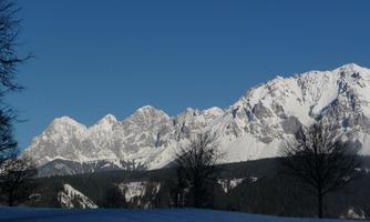 An impressive snow-covered mountain range under a clear blue sky. In the foreground, there are some trees that add depth to the winter landscape.