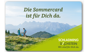 A group of hikers in the green mountains with majestic peaks in the background. The summer card is advertised to enjoy outdoor activities.