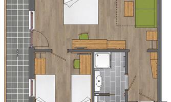 A room layout with two bedrooms, a living room, and a bathroom. The furniture is designed to be simple and modern.
