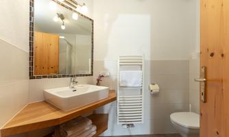 A modern bathroom with a sink on a wooden shelf. There is a large mirror, shower, and a toilet.