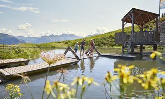 A picturesque landscape with a small pond and a play platform. Three children are enjoying the day in nature under a clear sky.