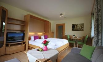 A modern room with a double bed, a television, and a small dining table. The furniture is made of light wood, and there is a fresh flower decoration.