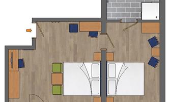 A hotel-like room layout with two beds, a balcony, and a bathroom. The furniture is arranged simply and functionally.