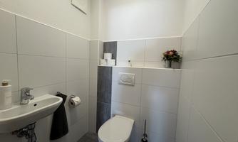 A modern bathroom in neutral colors. It includes a sink, a toilet, and decoration.