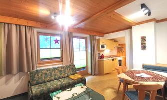 A cozy vacation apartment with wooden ceilings and large windows. The room is furnished with a sofa, a table, and an open kitchen.