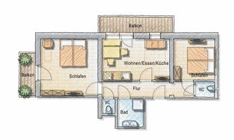 An apartment layout with two bedrooms, a living/dining area, and two bathrooms. There are also two balconies providing access to outdoor areas.