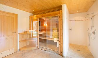 A modern wellness area with a wooden sauna and a shower wall. The room has a bright, inviting atmosphere.