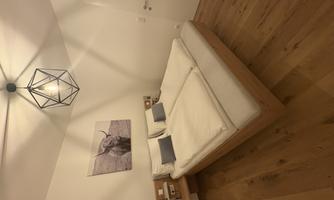 A modern bedroom with a double bed and two nightstands.  
A picture of an animal hangs on the wall, and the lighting is in a stylish design.