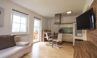 A bright and modern apartment with an open living and kitchen area. There is a dining table and large windows that provide natural lighting.