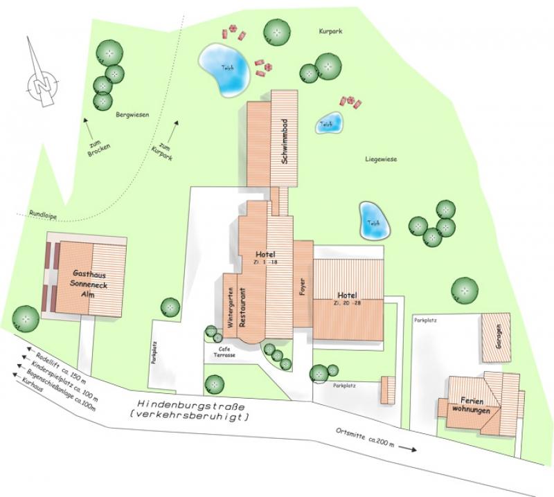 Lageplan mit Ferienhaus, Hotel und Alm