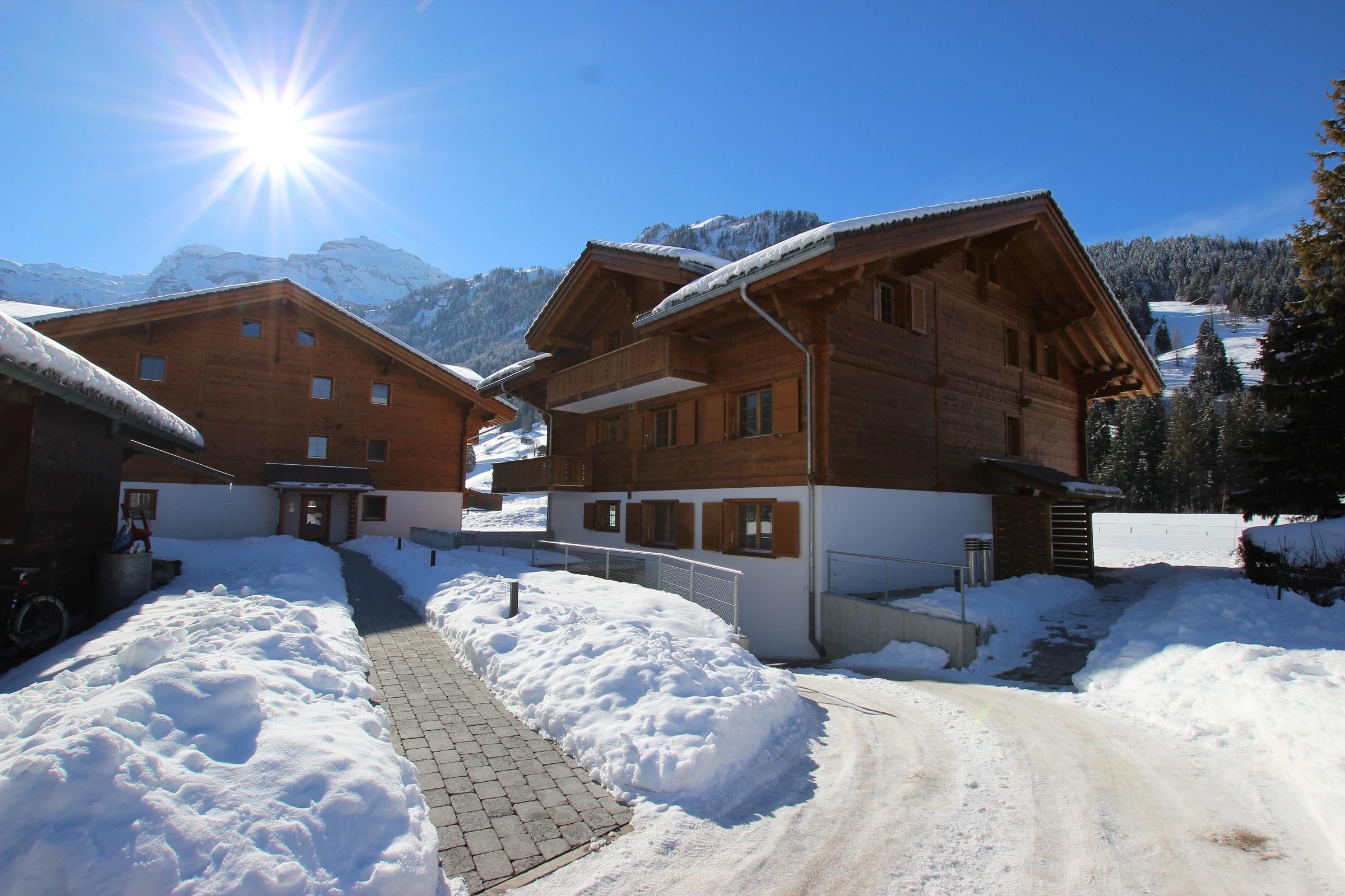 Eingang Chalet und Zufahrt Einstellhalle Eingang Chalet und Zufahrt Einstellhalle