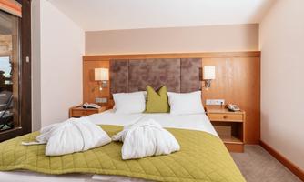 A modern hotel room with a large bed and decorative cushions. The room is bright and friendly, with wooden details and soft colors.