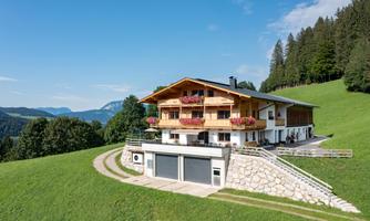 A beautiful house in alpine style, surrounded by green meadows and trees. In the background, gentle hills and the clear sky can be seen.