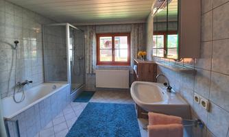 A modern bathroom with a bathtub and a shower. There are large windows that let in plenty of light, as well as light gray tiles and a blue rug.