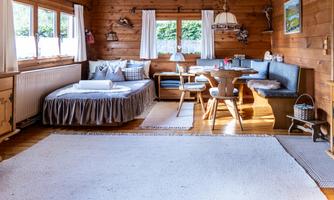 A cozy room with wooden walls and plenty of natural light. There is a seating area, a dining table, and a sleeping space.