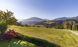 A vast, green landscape with mountains in the background and a clear sky. The scene radiates tranquility and a connection to nature.