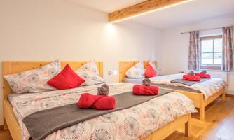 A cozy bedroom with two large beds and decorative pillows. The warm wood tones and the bright window create an inviting atmosphere.
