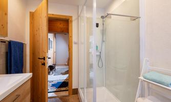 A modern bathroom with a glass shower enclosure. In the background, there is wooden paneling and a carpet.