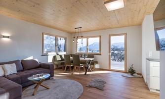 A bright and modern living and dining room with a wood ceiling and large windows. The room is furnished with a cozy sofa, a dining table, and a carpet.