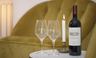 An elegant table with two wine glasses and a bottle of red wine. In the background, there is a candle and a comfortable armchair.