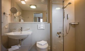 Modern bathroom with shower and toilet.